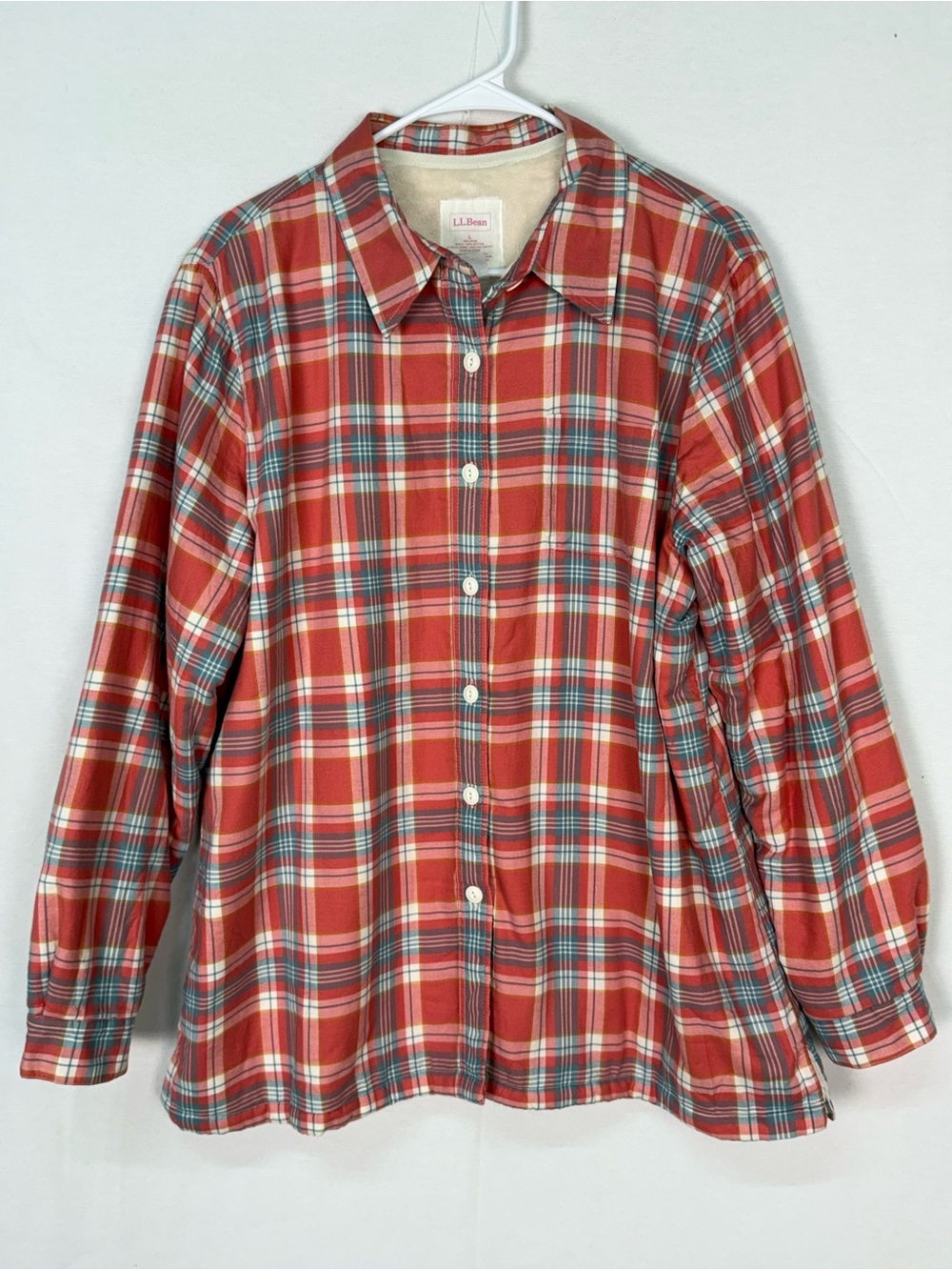 L.L. Bean Women's Lined Flannel Shirt Coral White and Blue Plaid
